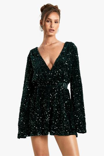 Sequin Flare Sleeve Open Back Playsuit emerald