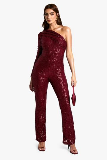 Asymmetric Sequin Wide Leg Jumpsuit wine