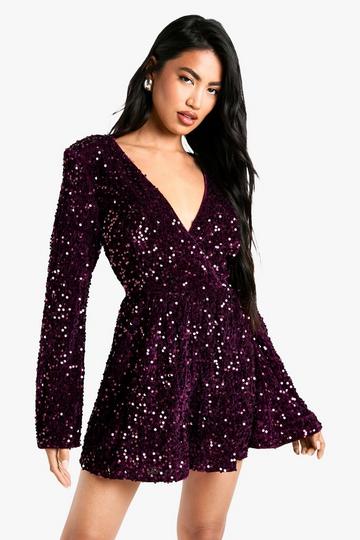 Velvet Sequin Flare Sleeve Playsuit wine