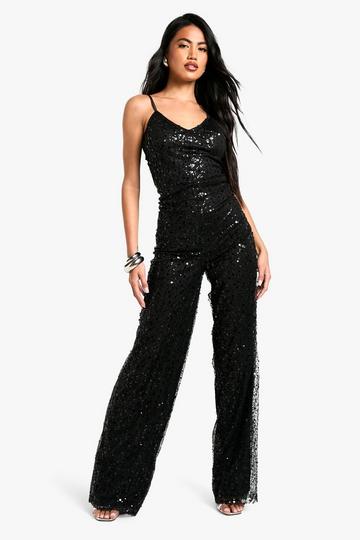 Beaded Cowl Back Wide Leg Jumpsuit black