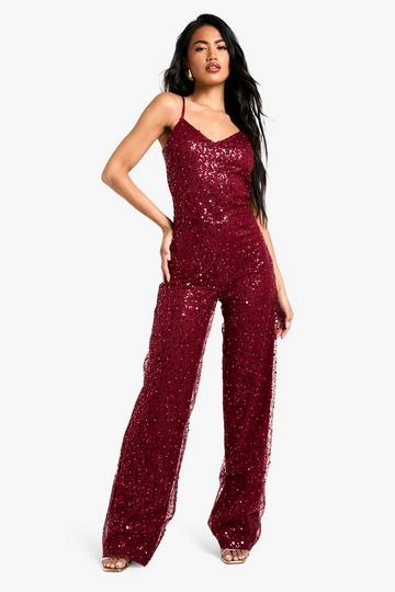 Beaded Cowl Back Wide Leg Jumpsuit berry