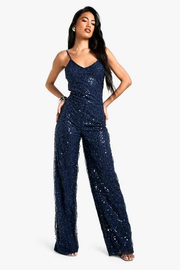 Wide Leg Jumpsuit Met Kraaltjes, Rug Detail navy