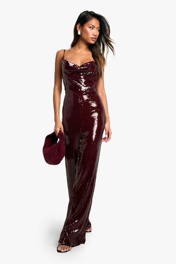 Red Liquid Sequin Cowl Wide Neck Jumpsuit