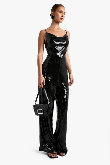 Liquid Sequin Cowl Wide Neck Jumpsuit black