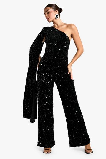 Velvet Sequin Shoulder Cape Asymmetric Jumpsuit black