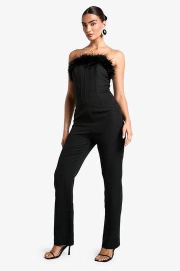 Faux Feather Boned Bandeau Tailored Jumpsuit black