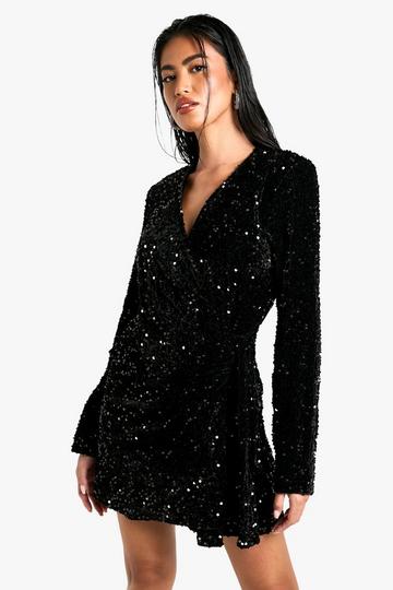 Velvet Sequin Wrap Playsuit black