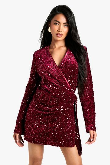 Velvet Sequin Wrap Playsuit wine