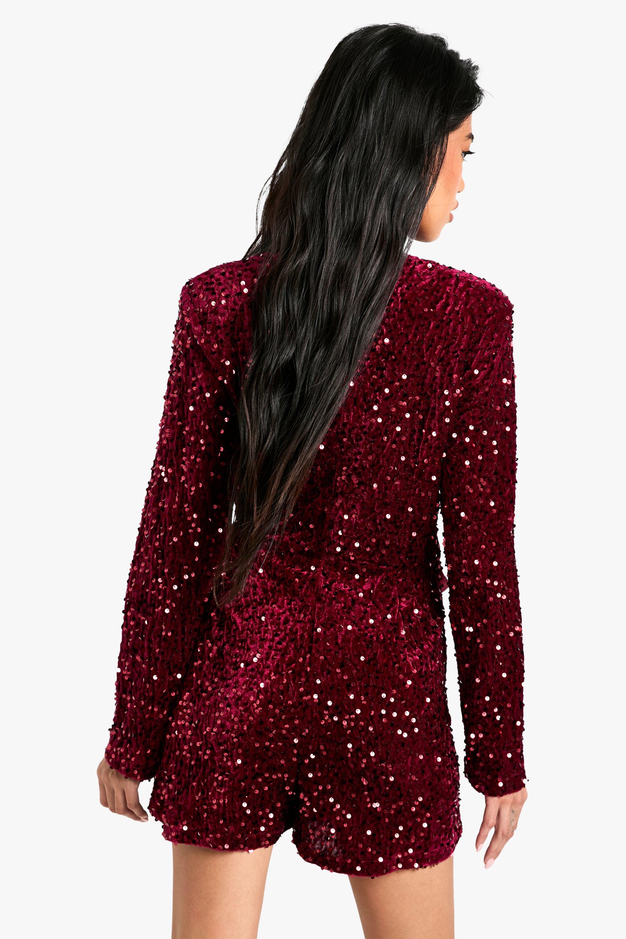 Boohoo Women s Velvet Sequin Wrap Playsuit Red