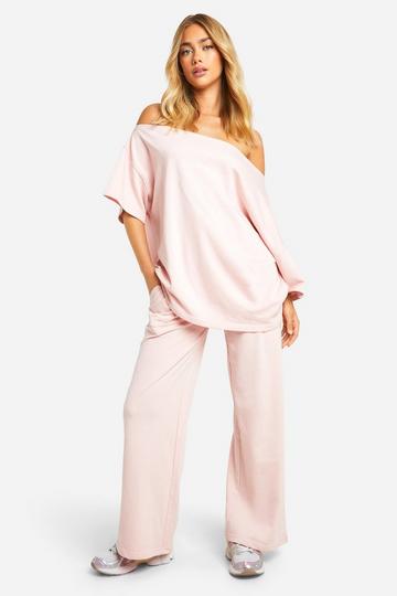 Pink Loopback Asymmetric Bardot Short Sleeve Sweatshirt And Jogger Set