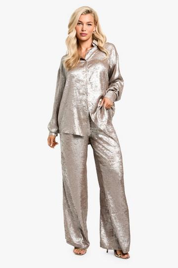 Metallic Diamante Satin Wide Leg Trousers silver