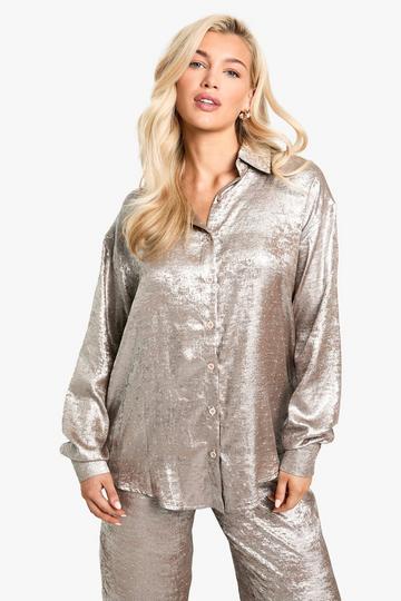 Metallic Diamante Satin Oversized Shirt silver