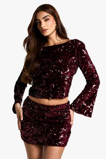 Velvet Sequin Mini Skirt wine