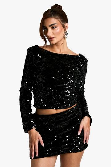 Black Velvet Sequin Scoop Back Long Sleeve Top