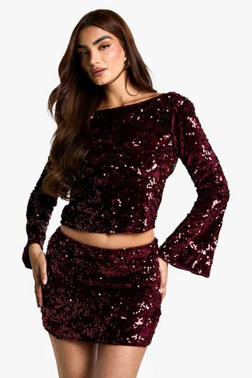 Velvet Sequin Scoop Back Long Sleeve Top wine