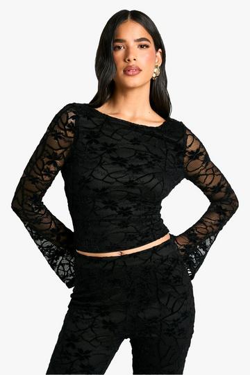 Velvet Lace Scoop Cowl Back Long Sleeve Top black