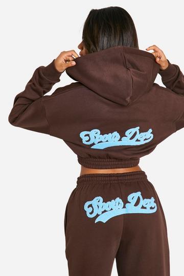 Sports Dept Towlling Applique Zip Through Cropped Hoodie chocolate