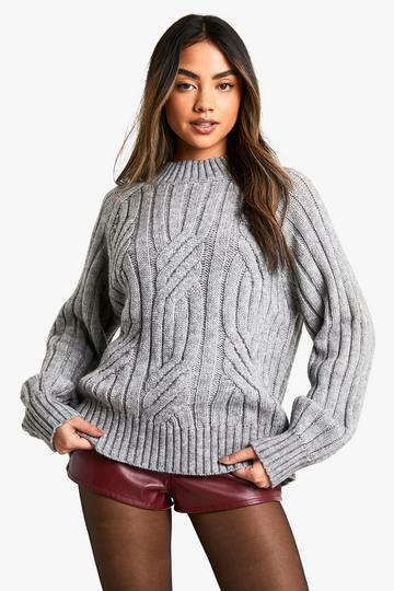 Chunky Cable Detail Knitted Balloon Sleeve Jumper grey marl