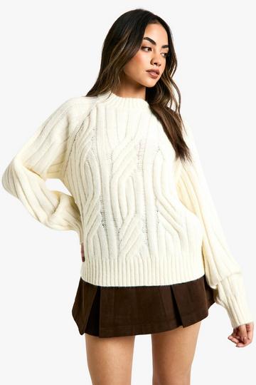 Chunky Cable Detail Knitted Balloon Sleeve Jumper cream