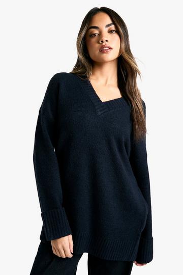 Knitted V Neck Oversized Slouchy Jumper navy