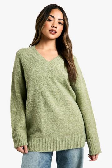 Knitted V Neck Oversized Slouchy Jumper olive