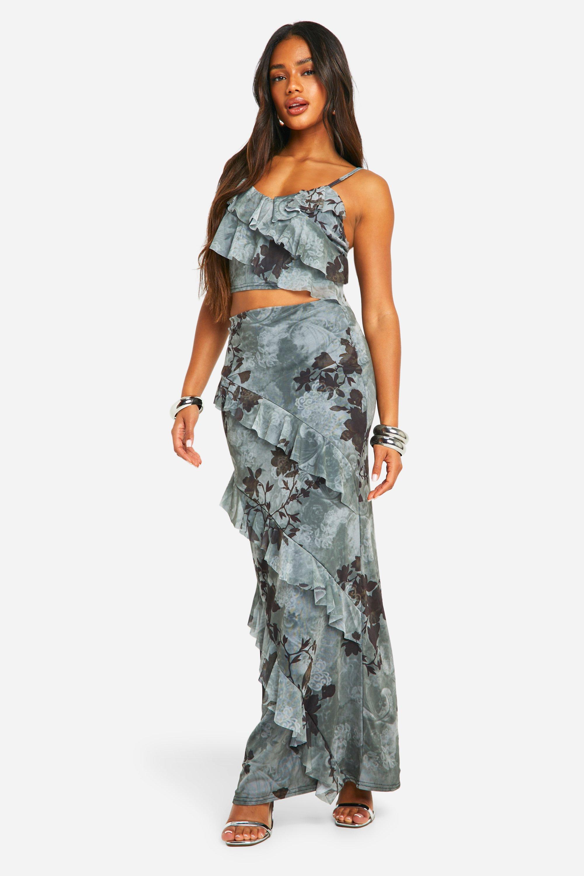 Grey-khaki Floral Mesh Ruffle Maxi Skirt