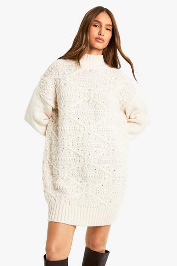 Cable Detail Knitted Mini Jumper Dress stone