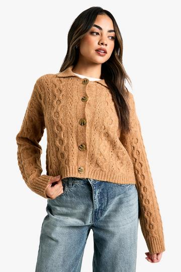 Grof Gebreide Cardigan Met Kraag Detail camel