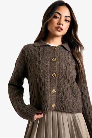 Cable Knit Collar Detail Cardigan chocolate