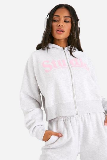 Dsgn Studio Slogan Boxy Crop Zip Through Hoodie ash grey