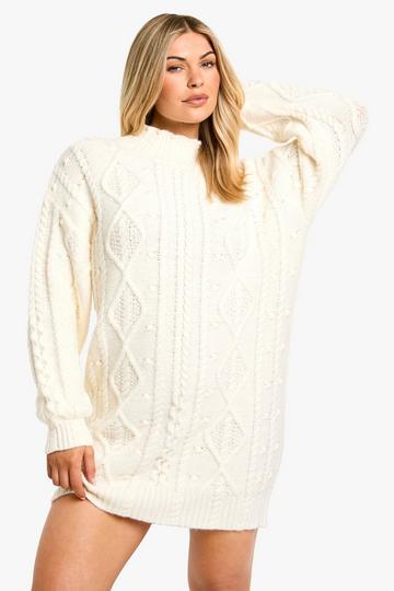 Cable Detail Knitted Mini Jumper Dress cream