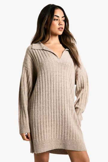 Collar Detail Cosy Knitted Dress camel