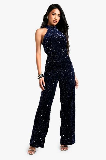 Velvet Sequin Halterneck Jumpsuit navy