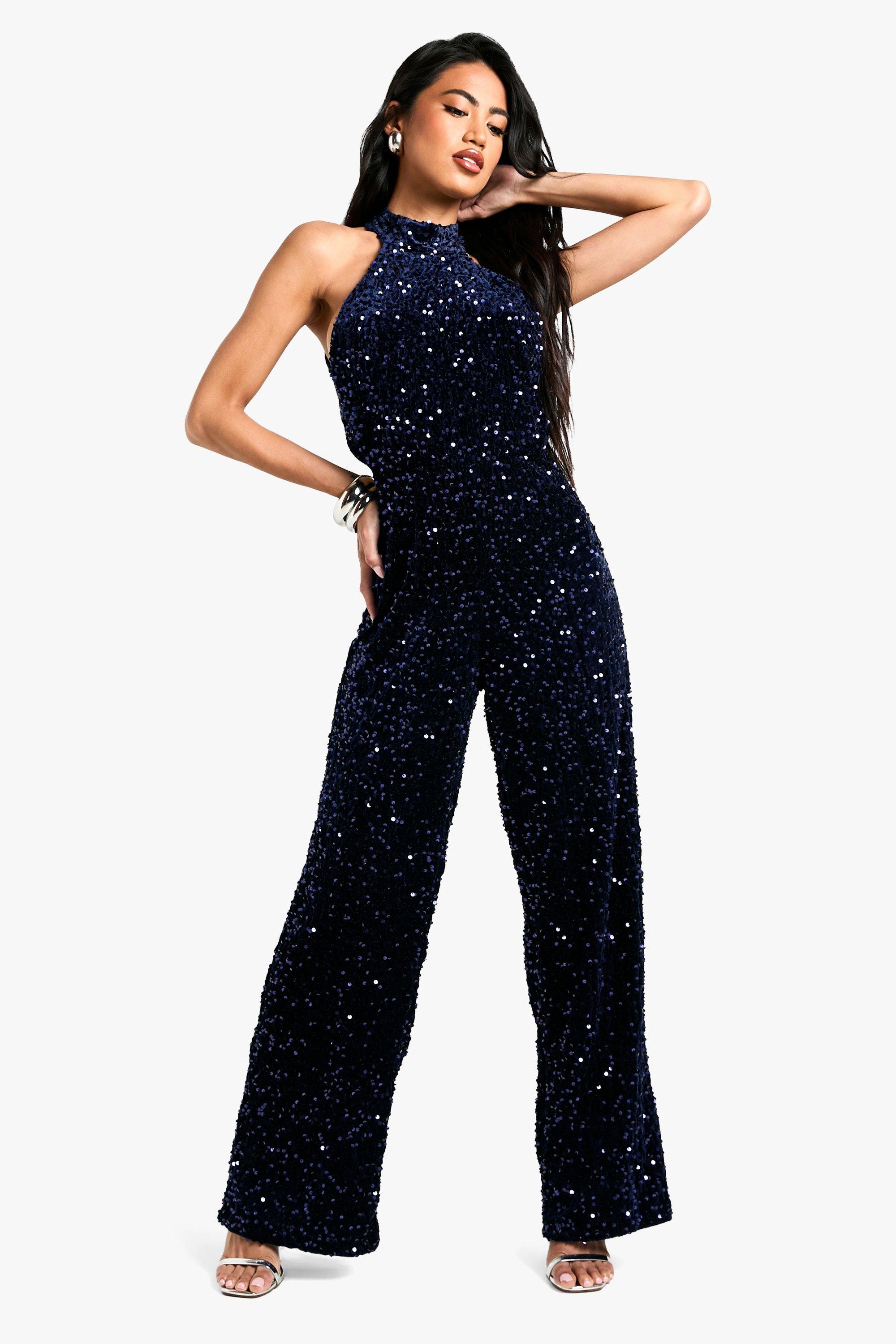 Boohoo Women s Velvet Sequin Halterneck Jumpsuit Blue