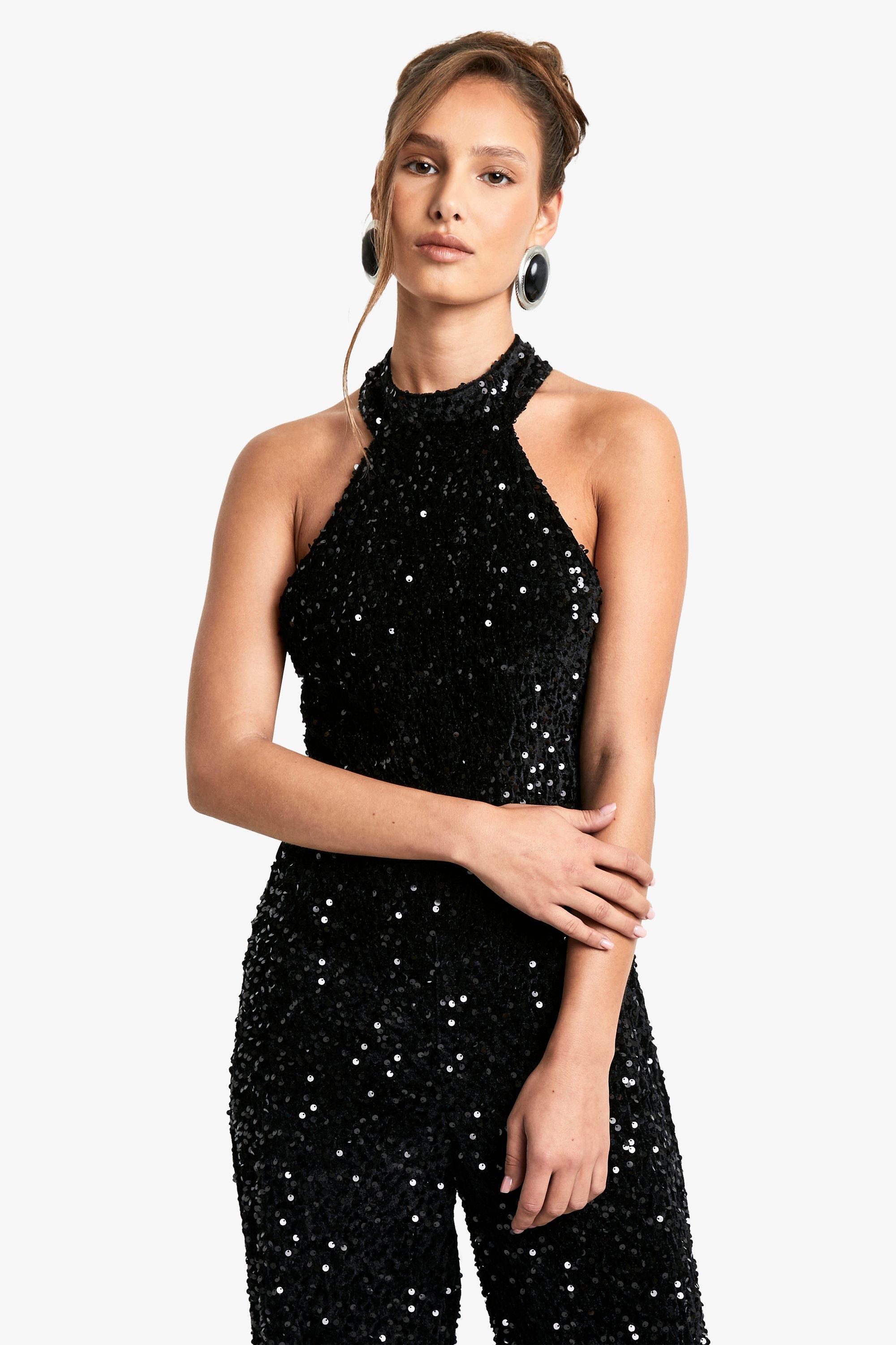 Boohoo Women s Velvet Sequin Halterneck Jumpsuit Black