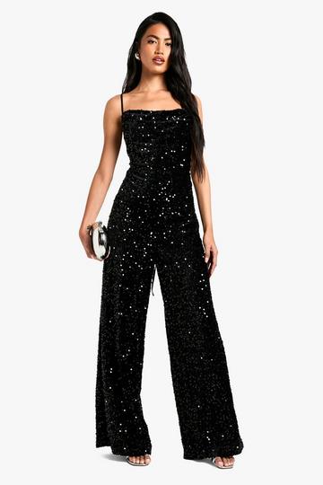 Velvet Sequin Cowl Neck Jumpsuit black