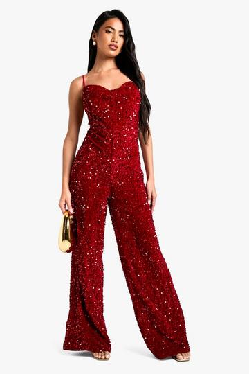 Fluwelen Glitter Jumpsuit Met Pailletten En Waterval Hals red