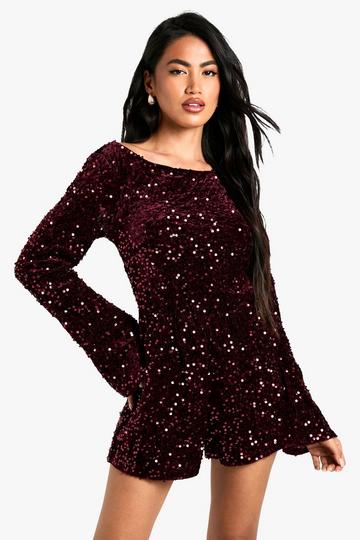 Velvet Sequin Flare Sleeve Playsuit wine