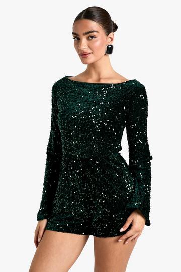 Velvet Sequin Flare Sleeve Playsuit emerald