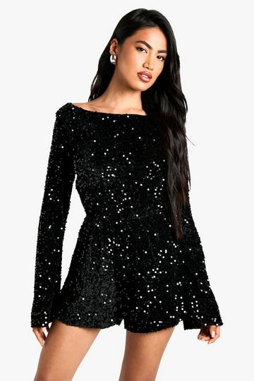 Velvet Sequin Flare Sleeve Playsuit black