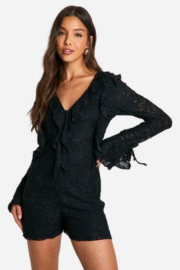 Jacquard Long Sleeve Ruffle Playsuit black