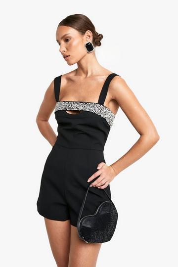 Rhinestone Hand Embellished Romper black