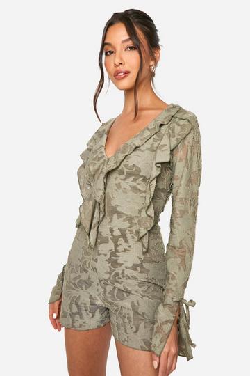 Jacquard Long Sleeve Ruffle Playsuit green