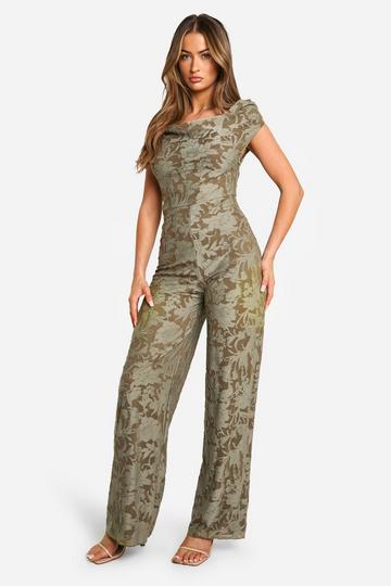 Jacquard Wide Leg Jumpsuit Met Losse Col green