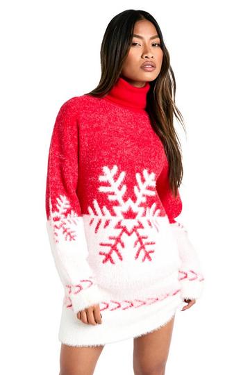 Snowflake Knitted Christmas Jumper Dress red