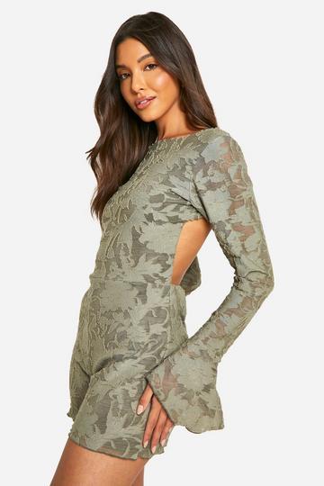 Jacquard Long Sleeve Open Back Playsuit green