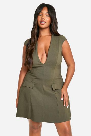 Plus Plunge Pocket Detail Skater Dress khaki