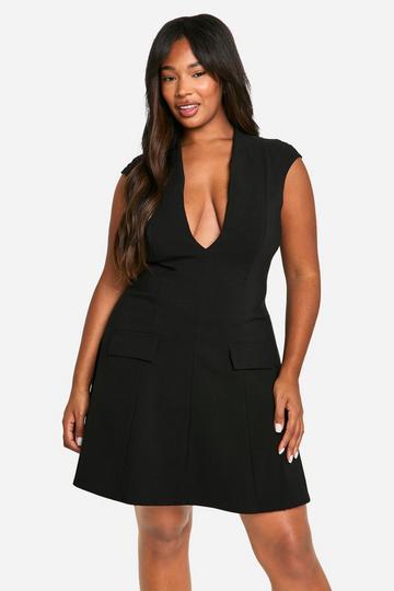 Plus Plunge Pocket Detail Skater Dress black