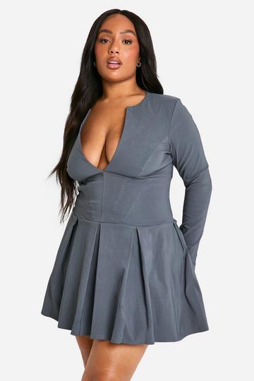 Grey Plus Long Sleeve Corset Detail Plunge Pleated Hem Dress