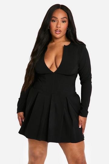 Plus Long Sleeve Corset Detail Plunge Pleated Hem Dress black